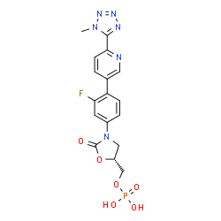 ChemSpider 2D Image | (5R)-3-[3-Fluoro-4-[6-(1-methyl-1H-tetrazol-5-yl)-3-pyridinyl]phenyl]-5-[(phosphonooxy)methyl]-2-oxazolidinone | C17H16FN6O6P