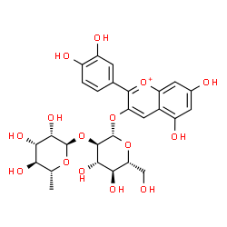 ChemSpider 2D Image | 2-(3,4-Dihydroxyphenyl)-5,7-dihydroxy-3-chromeniumyl 2-O-(6-deoxy-alpha-D-mannopyranosyl)-beta-D-glucopyranoside | C27H31O15