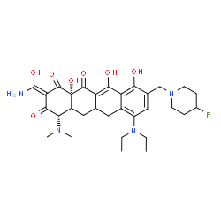 ChemSpider 2D Image | (2Z,4S,12aS)-2-[Amino(hydroxy)methylene]-7-(diethylamino)-4-(dimethylamino)-9-[(4-fluoro-1-piperidinyl)methyl]-10,11,12a-trihydroxy-4a,5a,6,12a-tetrahydro-1,3,12(2H,4H,5H)-tetracenetrione | C31H41FN4O7