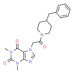 ChemSpider 2D Image | 7-[2-(4-Benzyl-1-piperidinyl)-2-oxoethyl]-1,3-dimethyl-3,7-dihydro-1H-purine-2,6-dione | C21H25N5O3