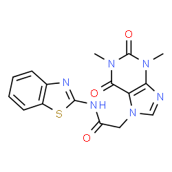ChemSpider 2D Image | N-(1,3-Benzothiazol-2-yl)-2-(1,3-dimethyl-2,6-dioxo-1,2,3,6-tetrahydro-7H-purin-7-yl)acetamide | C16H14N6O3S