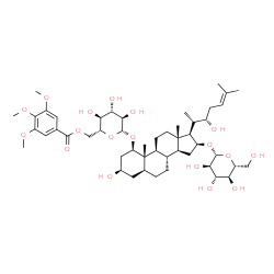 ChemSpider 2D Image | (1beta,3beta,5alpha,16beta,22S)-3,22-Dihydroxy-1-{[6-O-(3,4,5-trimethoxybenzoyl)-beta-D-glucopyranosyl]oxy}cholest-24-en-16-yl beta-D-glucopyranoside | C49H76O18