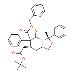ChemSpider 2D Image | Benzyl (3S,7S,8aS)-3-methyl-7-{2-[(2-methyl-2-propanyl)oxy]-2-oxoethyl}-5-oxo-3,6-diphenylhexahydro[1,3]oxazolo[3,4-a]pyridine-6-carboxylate | C34H37NO6