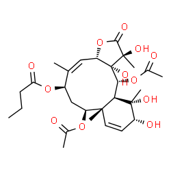 ChemSpider 2D Image | (1S,3aS,4Z,6R,8S,8aS,11R,12S,12aS,13R,13aS)-8,13-Diacetoxy-1,11,12,13a-tetrahydroxy-1,5,8a,12-tetramethyl-2-oxo-1,2,3a,6,7,8,8a,11,12,12a,13,13a-dodecahydrobenzo[4,5]cyclodeca[1,2-b]furan-6-yl butyrat
e | C28H40O12