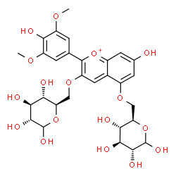 ChemSpider 2D Image | 7-Hydroxy-2-(4-hydroxy-3,5-dimethoxyphenyl)-3,5-bis{[(2R,3S,4S,5R)-3,4,5,6-tetrahydroxytetrahydro-2H-pyran-2-yl]methoxy}chromenium | C29H35O17