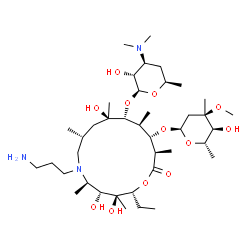 ChemSpider 2D Image | (2R,3S,4R,5R,8R,10R,11R,12S,13S,14R)-6-(3-Aminopropyl)-2-ethyl-3,4,10-trihydroxy-3,5,8,10,12,14-hexamethyl-15-oxo-11-{[3,4,6-trideoxy-3-(dimethylamino)-beta-D-xylo-hexopyranosyl]oxy}-1-oxa-6-azacyclop
entadecan-13-yl 2,6-dideoxy-3-C-methyl-3-O-methyl-alpha-L-ribo-hexopyranoside | C40H77N3O12