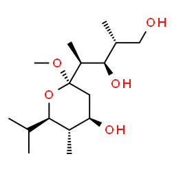 ChemSpider 2D Image | Methyl (5R)-2,4-dideoxy-1-C-[(2S,3R,4R)-3,5-dihydroxy-4-methyl-2-pentanyl]-5-isopropyl-4-methyl-alpha-D-threo-pentopyranoside | C16H32O5
