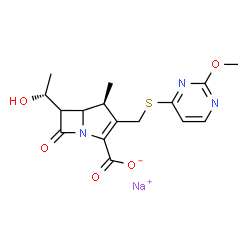 ChemSpider 2D Image | Sodium (4S)-6-[(1R)-1-hydroxyethyl]-3-{[(2-methoxy-4-pyrimidinyl)sulfanyl]methyl}-4-methyl-7-oxo-1-azabicyclo[3.2.0]hept-2-ene-2-carboxylate | C16H18N3NaO5S