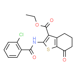 ChemSpider 2D Image | Ethyl 2-[(2-chlorobenzoyl)amino]-7-oxo-4,5,6,7-tetrahydro-1-benzothiophene-3-carboxylate | C18H16ClNO4S