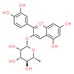 ChemSpider 2D Image | 2-(3,4-Dihydroxyphenyl)-5,7-dihydroxy-3-chromeniumyl 6-deoxy-beta-D-mannopyranoside | C21H21O10