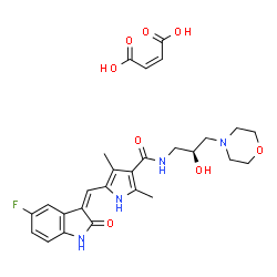 ChemSpider 2D Image | 5-[(Z)-(5-Fluoro-2-oxo-1,2-dihydro-3H-indol-3-ylidene)methyl]-N-[(2S)-2-hydroxy-3-(4-morpholinyl)propyl]-2,4-dimethyl-1H-pyrrole-3-carboxamide (2Z)-2-butenedioate (1:1) | C27H31FN4O8