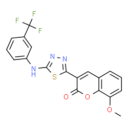 ChemSpider 2D Image | 8-Methoxy-3-(5-{[3-(trifluoromethyl)phenyl]amino}-1,3,4-thiadiazol-2-yl)-2H-chromen-2-one | C19H12F3N3O3S