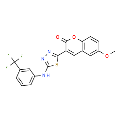 ChemSpider 2D Image | 6-Methoxy-3-(5-{[3-(trifluoromethyl)phenyl]amino}-1,3,4-thiadiazol-2-yl)-2H-chromen-2-one | C19H12F3N3O3S