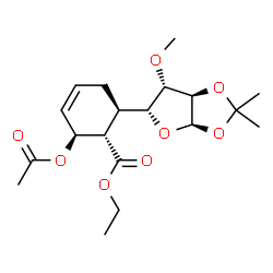 ChemSpider 2D Image | Ethyl (1S,2S,6R)-2-acetoxy-6-[(3aR,5R,6S,6aR)-6-methoxy-2,2-dimethyltetrahydrofuro[2,3-d][1,3]dioxol-5-yl]-3-cyclohexene-1-carboxylate | C19H28O8