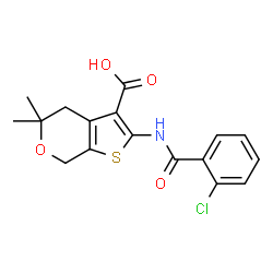 ChemSpider 2D Image | 2-[(2-Chlorobenzoyl)amino]-5,5-dimethyl-4,7-dihydro-5H-thieno[2,3-c]pyran-3-carboxylic acid | C17H16ClNO4S