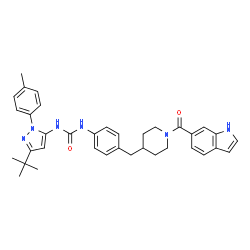 ChemSpider 2D Image | 1-(4-{[1-(1H-Indol-6-ylcarbonyl)-4-piperidinyl]methyl}phenyl)-3-[1-(4-methylphenyl)-3-(2-methyl-2-propanyl)-1H-pyrazol-5-yl]urea | C36H40N6O2