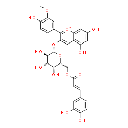 ChemSpider 2D Image | 5,7-Dihydroxy-2-(4-hydroxy-3-methoxyphenyl)-3-chromeniumyl 6-O-[(2E)-3-(3,4-dihydroxyphenyl)-2-propenoyl]-beta-D-galactopyranoside | C31H29O14