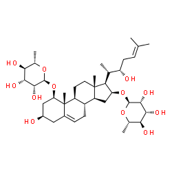 ChemSpider 2D Image | (1beta,3beta,16beta,22S)-1-[(6-Deoxy-alpha-L-mannopyranosyl)oxy]-3,22-dihydroxycholesta-5,24-dien-16-yl 6-deoxy-alpha-L-mannopyranoside | C39H64O12