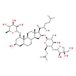 ChemSpider 2D Image | (1beta,3beta,5alpha,16beta,22S)-1-[(6-Deoxy-alpha-L-mannopyranosyl)oxy]-3,22-dihydroxycholestan-16-yl 6-O-acetyl-4-O-[(2S,3R,4R)-3,4-dihydroxy-4-(hydroxymethyl)tetrahydro-2-furanyl]-beta-D-glucopyrano
side | C46H78O18