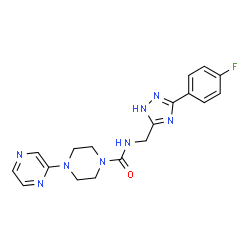 ChemSpider 2D Image | N-{[3-(4-Fluorophenyl)-1H-1,2,4-triazol-5-yl]methyl}-4-(2-pyrazinyl)-1-piperazinecarboxamide | C18H19FN8O
