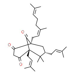 ChemSpider 2D Image | (1S,5R,7S)-1-[(2Z)-3,7-Dimethyl-2,6-octadien-1-yl]-6,6-dimethyl-5,7-bis(3-methyl-2-buten-1-yl)bicyclo[3.3.1]nonane-2,4,9-trione | C31H46O3