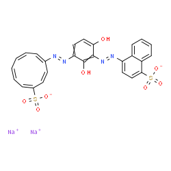 ChemSpider 2D Image | Disodium 4-[(E)-(2,6-dihydroxy-3-{(E)-[(1E,3Z,5E,7E,9E)-8-sulfonato-1,3,5,7,9-cyclodecapentaen-1-yl]diazenyl}phenyl)diazenyl]-1-naphthalenesulfonate | C26H18N4Na2O8S2