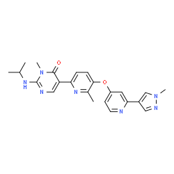 ChemSpider 2D Image | 2-(Isopropylamino)-3-methyl-5-(6-methyl-5-{[2-(1-methyl-1H-pyrazol-4-yl)-4-pyridinyl]oxy}-2-pyridinyl)-4(3H)-pyrimidinone | C23H25N7O2