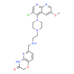 ChemSpider 2D Image | 6-[({2-[4-(3-Chloro-6-methoxy-1,8-naphthyridin-4-yl)-1-piperazinyl]ethyl}amino)methyl]-2H-pyrido[3,2-b][1,4]oxazin-3(4H)-one | C23H26ClN7O3