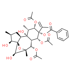 ChemSpider 2D Image | (1R,2S,3S,5S,6R,7R,8S,9S,10R,11S,13S,15R)-8,10,12-Triacetoxy-2,6,15-trihydroxy-9-isopropenyl-3,7,13-trimethyl-14-oxatetracyclo[11.1.1.0~1,5~.0~6,11~]pentadec-9-yl benzoate | C33H42O12