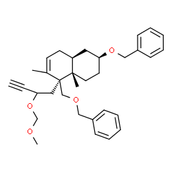ChemSpider 2D Image | (2S,4aS,5S,8aS)-2-(Benzyloxy)-5-[(benzyloxy)methyl]-5-[2-(methoxymethoxy)-3-butyn-1-yl]-4a,6-dimethyl-1,2,3,4,4a,5,8,8a-octahydronaphthalene | C33H42O4