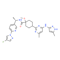 ChemSpider 2D Image | N-[(1S)-1-[6-(4-fluoropyrazol-1-yl)pyridin-3-yl]ethyl]-1-methoxy-4-{4-methyl-6-[(5-methyl-1H-pyrazol-3-yl)amino]pyrimidin-2-yl}cyclohexane-1-carboxamide | C27H32FN9O2