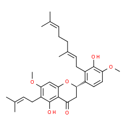 ChemSpider 2D Image | (2S)-2-{2-[(2E)-3,7-Dimethyl-2,6-octadien-1-yl]-3-hydroxy-4-methoxyphenyl}-5-hydroxy-7-methoxy-6-(3-methyl-2-buten-1-yl)-2,3-dihydro-4H-chromen-4-one | C32H40O6