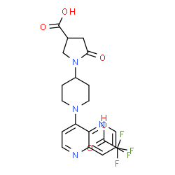 ChemSpider 2D Image | 1-[1-(7-Fluoro-1,5-naphthyridin-4-yl)-4-piperidinyl]-5-oxo-3-pyrrolidinecarboxylic acid trifluoroacetate (1:1) | C20H20F4N4O5