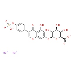 ChemSpider 2D Image | Disodium 4-[7-(beta-D-glucopyranuronosyloxy)-5-hydroxy-4-oxo-4H-chromen-3-yl]phenyl sulfate | C21H16Na2O14S