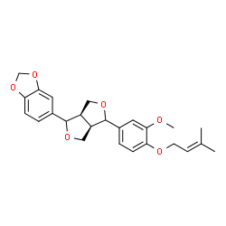 ChemSpider 2D Image | 5-[(3aR,6aR)-4-{3-Methoxy-4-[(3-methyl-2-buten-1-yl)oxy]phenyl}tetrahydro-1H,3H-furo[3,4-c]furan-1-yl]-1,3-benzodioxole | C25H28O6