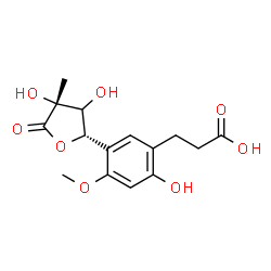 ChemSpider 2D Image | 3-{5-[(2S,4R)-3,4-Dihydroxy-4-methyl-5-oxotetrahydro-2-furanyl]-2-hydroxy-4-methoxyphenyl}propanoic acid | C15H18O8
