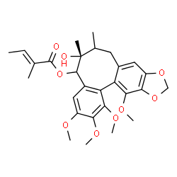 ChemSpider 2D Image | (6R)-6-Hydroxy-1,2,3,13-tetramethoxy-6,7-dimethyl-5,6,7,8-tetrahydrobenzo[3',4']cycloocta[1',2':4,5]benzo[1,2-d][1,3]dioxol-5-yl (2E)-2-methyl-2-butenoate | C28H34O9