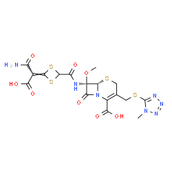 ChemSpider 2D Image | (6S,7R)-7-({[4-(2-Amino-1-carboxy-2-oxoethylidene)-1,3-dithietan-2-yl]carbonyl}amino)-7-methoxy-3-{[(1-methyl-1H-tetrazol-5-yl)sulfanyl]methyl}-8-oxo-5-thia-1-azabicyclo[4.2.0]oct-2-ene-2-carboxylic a
cid | C17H17N7O8S4