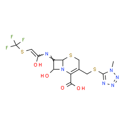 ChemSpider 2D Image | (7E)-8-Hydroxy-7-({(Z)-1-hydroxy-2-[(trifluoromethyl)sulfanyl]vinyl}imino)-3-{[(1-methyl-1H-tetrazol-5-yl)sulfanyl]methyl}-5-thia-1-azabicyclo[4.2.0]oct-2-ene-2-carboxylic acid | C13H13F3N6O4S3