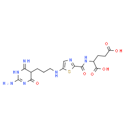 ChemSpider 2D Image | N-[(5-{[3-(2-Amino-6-imino-4-oxo-1,4,5,6-tetrahydro-5-pyrimidinyl)propyl]amino}-1,3-thiazol-2-yl)carbonyl]glutamic acid | C16H21N7O6S