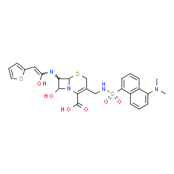 ChemSpider 2D Image | (7E)-3-[({[5-(Dimethylamino)-1-naphthyl]sulfonyl}amino)methyl]-8-hydroxy-7-{[(Z)-1-hydroxy-2-(2-thienyl)vinyl]imino}-5-thia-1-azabicyclo[4.2.0]oct-2-ene-2-carboxylic acid | C26H26N4O6S3