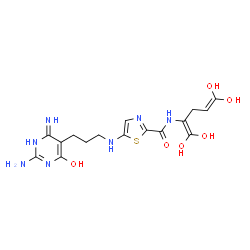 ChemSpider 2D Image | 5-{[3-(2-Amino-4-hydroxy-6-imino-1,6-dihydro-5-pyrimidinyl)propyl]amino}-N-(1,1,5,5-tetrahydroxy-1,4-pentadien-2-yl)-1,3-thiazole-2-carboxamide | C16H21N7O6S