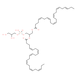 ChemSpider 2D Image | 3-{[(2,3-Dihydroxypropoxy)(hydroxy)phosphoryl]oxy}-2-[(4Z,7Z,10Z,13Z,16Z,19Z)-4,7,10,13,16,19-docosahexaenoyloxy]propyl (4Z,7Z,10Z,13Z,16Z,19E)-4,7,10,13,16,19-docosahexaenoate | C50H75O10P