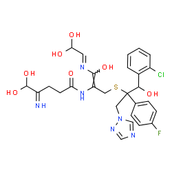 ChemSpider 2D Image | N-{(1E)-3-{[1-(2-Chlorophenyl)-2-(4-fluorophenyl)-1-hydroxy-3-(1H-1,2,4-triazol-1-yl)-2-propanyl]sulfanyl}-1-[(E)-(2,2-dihydroxyethylidene)amino]-1-hydroxy-1-propen-2-yl}-5,5-dihydroxy-4-iminopentanam
ide | C27H30ClFN6O7S