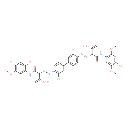 ChemSpider 2D Image | 2,2'-[(3,3'-Dichloro-4,4'-biphenyldiyl)di(E)-2,1-diazenediyl]bis[N-(4-chloro-2,5-dimethoxyphenyl)-3-hydroxy-3-butenamide] | C36H32Cl4N6O8