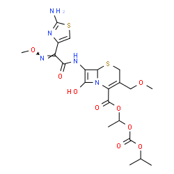ChemSpider 2D Image | 1-[(Isopropoxycarbonyl)oxy]ethyl 7-{[(2E)-2-(2-amino-1,3-thiazol-4-yl)-2-(methoxyimino)acetyl]amino}-8-hydroxy-3-(methoxymethyl)-5-thia-1-azabicyclo[4.2.0]octa-2,7-diene-2-carboxylate | C21H27N5O9S2