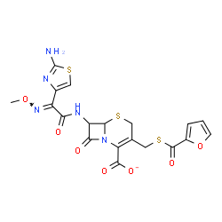ChemSpider 2D Image | 7-{[(2E)-2-(2-Amino-1,3-thiazol-4-yl)-2-(methoxyimino)acetyl]amino}-3-[(2-furoylsulfanyl)methyl]-8-oxo-5-thia-1-azabicyclo[4.2.0]oct-2-ene-2-carboxylate | C19H16N5O7S3
