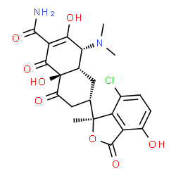 ChemSpider 2D Image | (4R,4aS,6S,8aS)-6-[(1S)-7-Chloro-4-hydroxy-1-methyl-3-oxo-1,3-dihydro-2-benzofuran-1-yl]-4-(dimethylamino)-3,8a-dihydroxy-1,8-dioxo-1,4,4a,5,6,7,8,8a-octahydro-2-naphthalenecarboxamide | C22H23ClN2O8