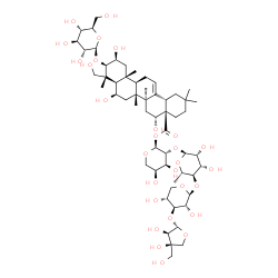 ChemSpider 2D Image | 3-O-[(2S,3R,4R)-3,4-Dihydroxy-4-(hydroxymethyl)tetrahydro-2-furanyl]-beta-D-xylopyranosyl-(1->4)-6-deoxy-alpha-L-mannopyranosyl-(1->2)-1-O-[(2beta,3beta,6beta,16alpha)-3-(beta-D-glucopyranosyloxy)-2,6
,16,23-tetrahydroxy-28-oxoolean-12-en-28-yl]-alpha-L-arabinopyranose | C57H92O28