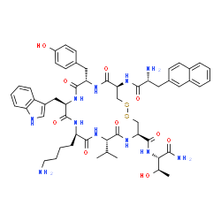 ChemSpider 2D Image | (4R,7S,10R,13R,16S,19R)-10-(4-Aminobutyl)-N-[(2S,3R)-1-amino-3-hydroxy-1-oxo-2-butanyl]-16-(4-hydroxybenzyl)-13-(1H-indol-3-ylmethyl)-7-isopropyl-19-{[3-(2-naphthyl)-D-alanyl]amino}-6,9,12,15,18-penta
oxo-1,2-dithia-5,8,11,14,17-pentaazacycloicosane-4-carboxamide | C54H69N11O10S2